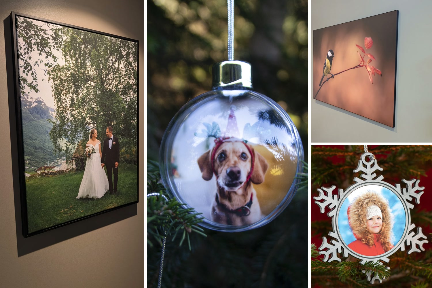 Lerret med bryllupsbilde, julekule med bilde av hund, alubilde med fugl og julepynt med bilde av barn
